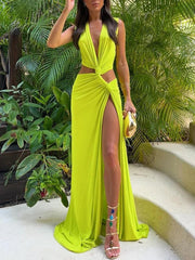Lime twisted cutout maxi dress with deep V-neck and high slit