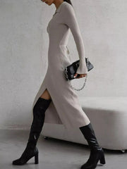Ribbed knit midi dress in Dust Storm with collared neckline, long sleeves, and high slit.