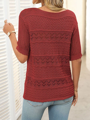 Burgundy knit sweater with half sleeves and openwork patterns.