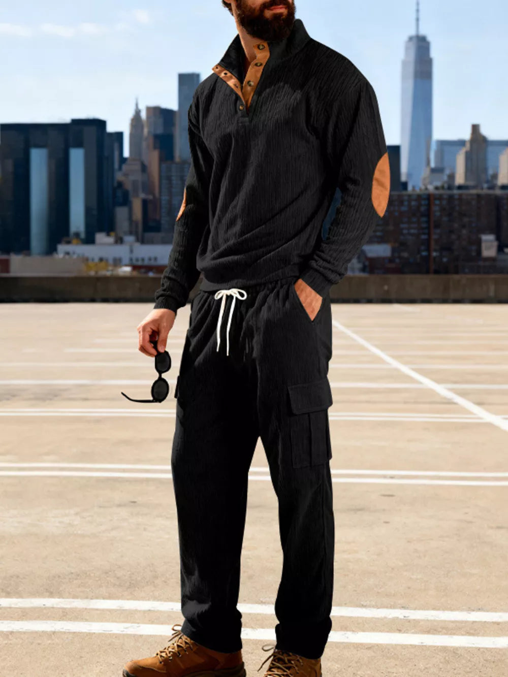 Men's Casual Button Detail Top And Pants Set in Gray, close-up detail