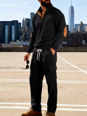 Men's Casual Button Detail Top And Pants Set in Gray, close-up detail