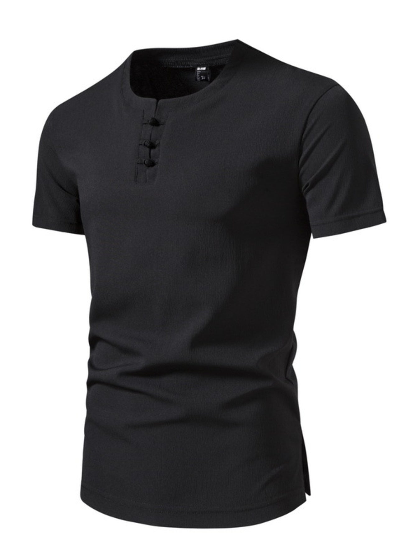 Black cotton henley t-shirt with button detail and short sleeves