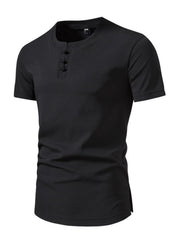 Black cotton henley t-shirt with button detail and short sleeves