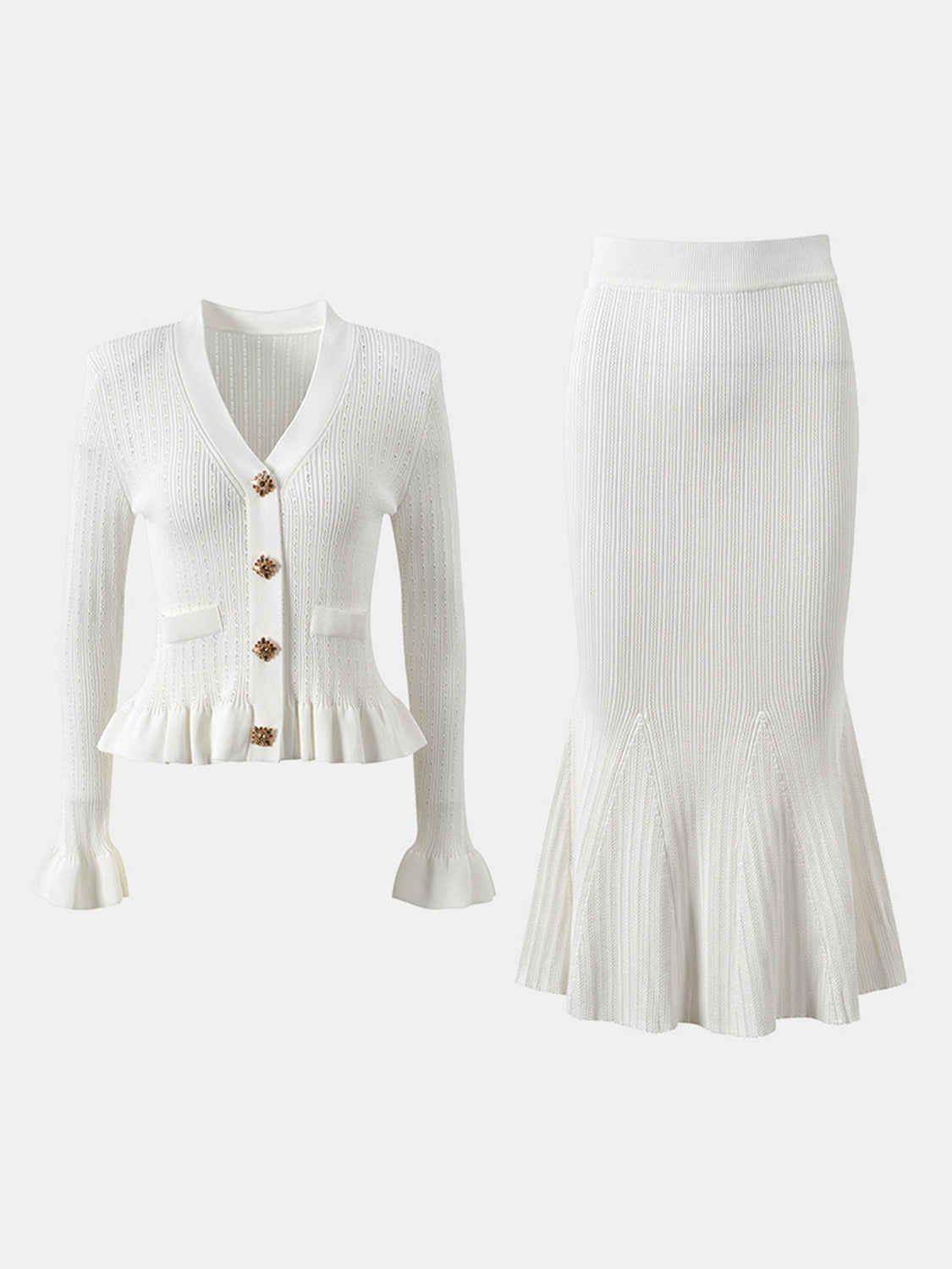 White knit cardigan with ruffled hem and bell sleeves, paired with a matching mermaid skirt.