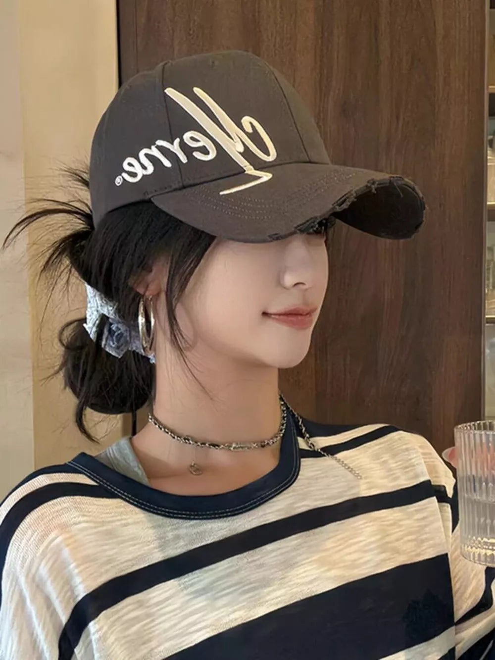 Dark Gray embroidered script cotton baseball cap with distressed brim.