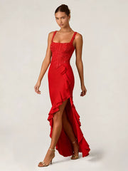 Deep red sequin ruffle maxi gown with square neckline and high slit.