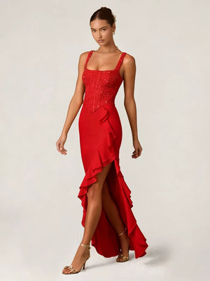 Deep red sequin ruffle maxi gown with square neckline and high slit.