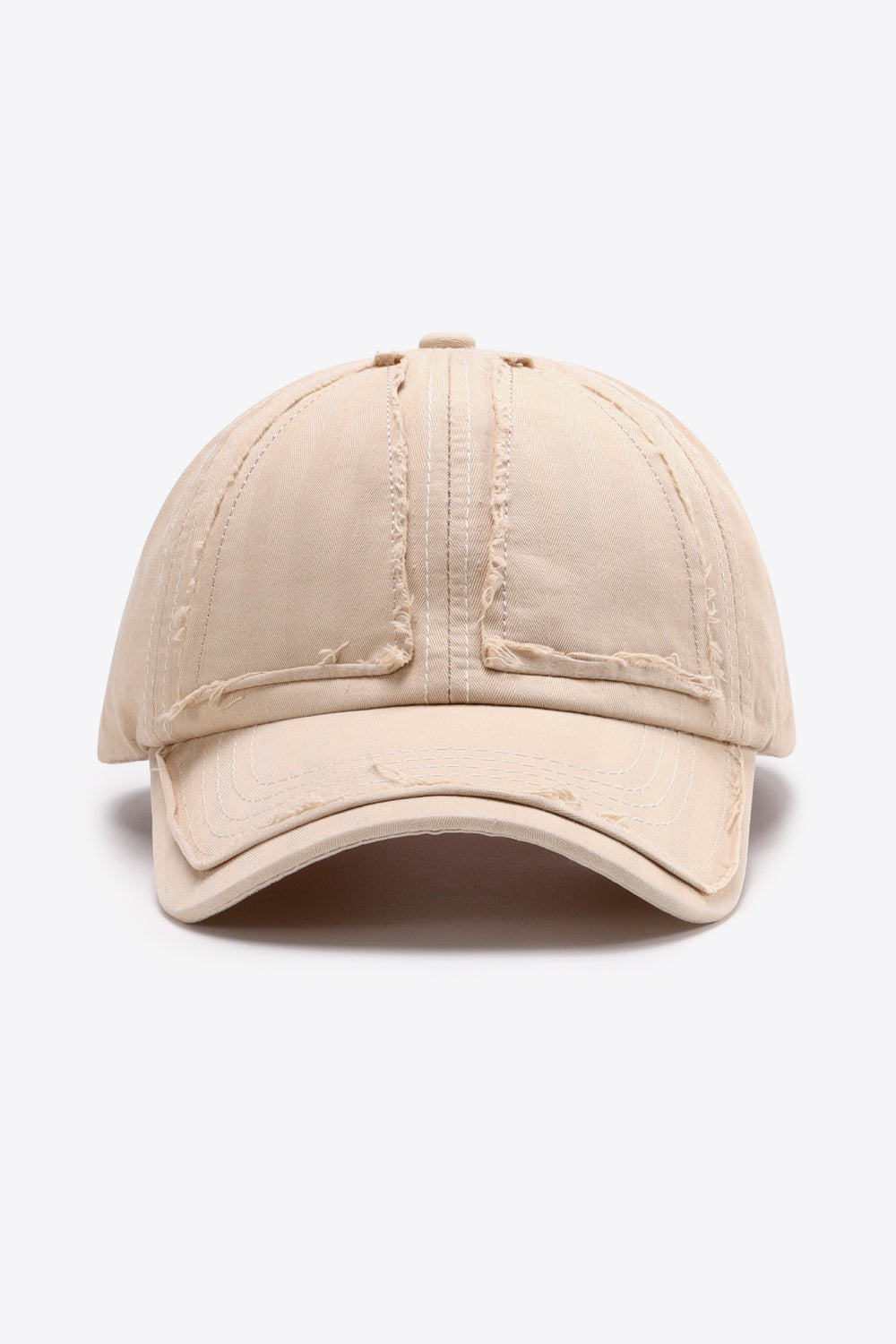 Camel baseball cap with raw edge denim details and distressed accents