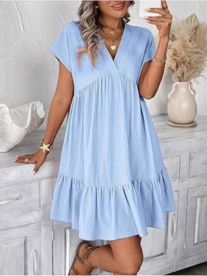 Sky blue ruffled mini dress with V-neck and short sleeves
