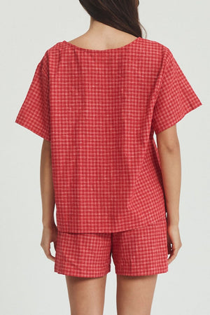 Open-front cotton plaid top and shorts set in deep red, shown from the back.
