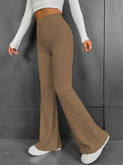 Mocha ribbed flare trousers in 100% polyester with a wide leg and flared hem.