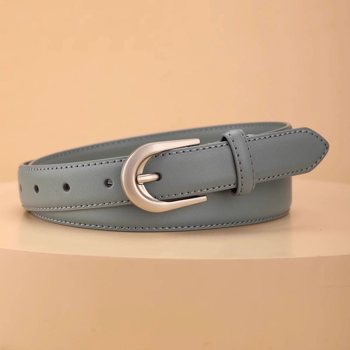 Grey cowhide leather belt with silver buckle and adjustable holes