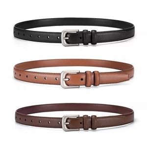 Black, brown, and khaki cowhide leather belts with silver buckles.