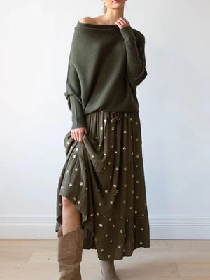 Off-shoulder knit sweater in army green with textured cuffs and batwing sleeves.