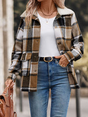 Sherpa-trimmed plaid shacket in camel with patch pockets and button closure.