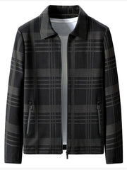 Men's black plaid zip-up jacket with zippered pockets and collar.