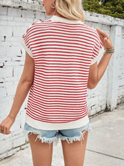 Textured stripe knit top in scarlet and white with cap sleeves.