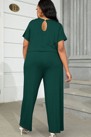 Forest green relaxed fit jumpsuit with short sleeves and keyhole back detail.