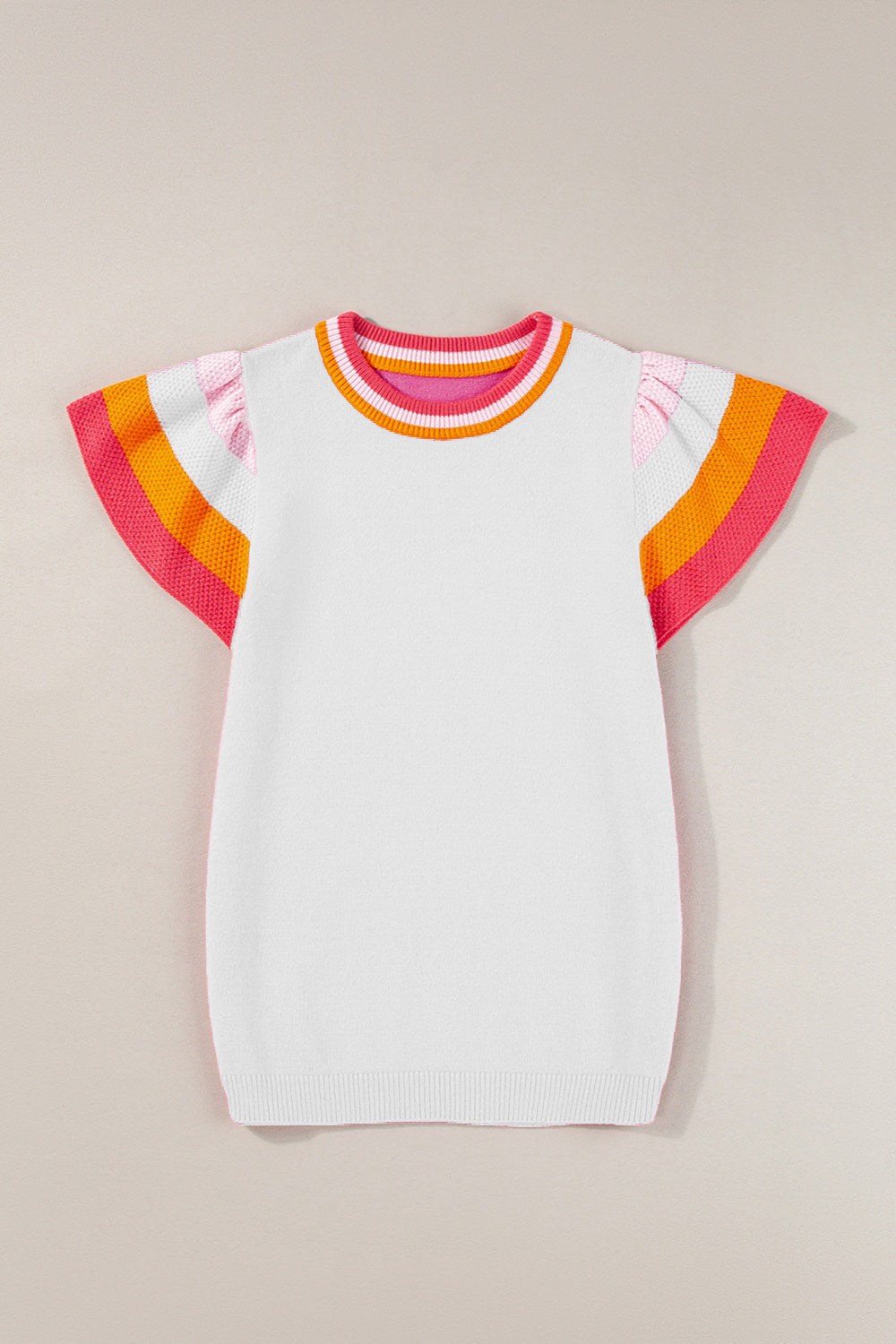 White knit top with flutter sleeves and colorblock trim in pink, orange, and white.