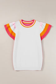 White knit top with flutter sleeves and colorblock trim in pink, orange, and white.