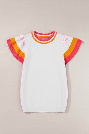 White knit top with flutter sleeves and colorblock trim in pink, orange, and white.