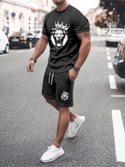 Black graphic t-shirt and shorts set with lion crown print