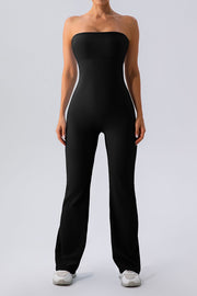 Black ribbed bandeau flare leg jumpsuit with a seamless fit.