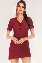 Burgundy ribbed knit button-front mini dress with short sleeves and V-neck
