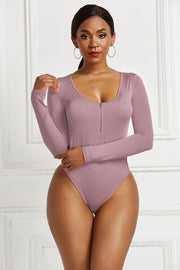 Dusty Pink long sleeve bodysuit with plunge neckline and front zip