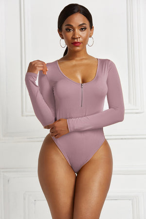 Dusty Pink long sleeve bodysuit with plunge neckline and front zip