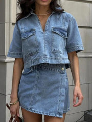 Light blue denim cropped utility shirt and asymmetric skort set with buttoned pockets
