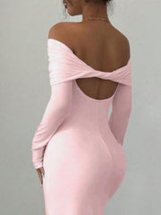 Dusty pink bodycon maxi dress with off-shoulder draped neckline and back cutout.