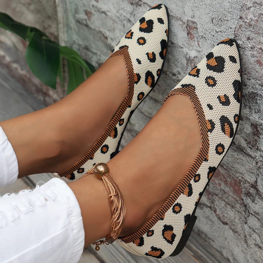 Geometric knit pointed ballet flats in leopard print with a gold anklet.