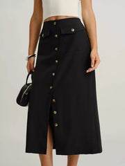 Black button-front midi skirt with pockets and a front slit.