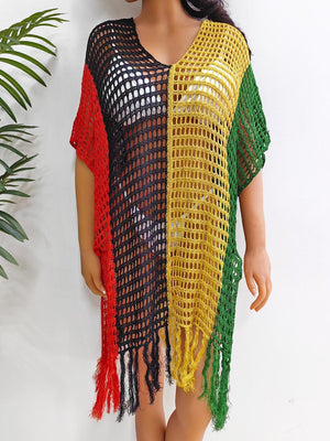 Colorblock crochet cover-up with fringe in red, black, yellow, and green.
