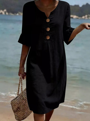 Full Size Casual Button Midi Dress With Ruffle Sleeves in Yellow, close-up detail