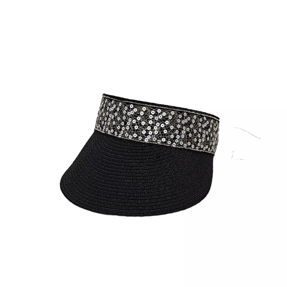 Black straw visor hat with sparkling sequin band and ribbon tie