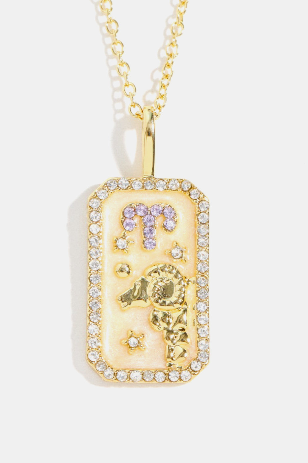 14K gold-plated Aries zodiac sign crystal pendant necklace with enamel and rhinestones.