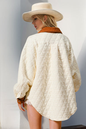Cream diamond quilted shacket with contrast collar and cuffs