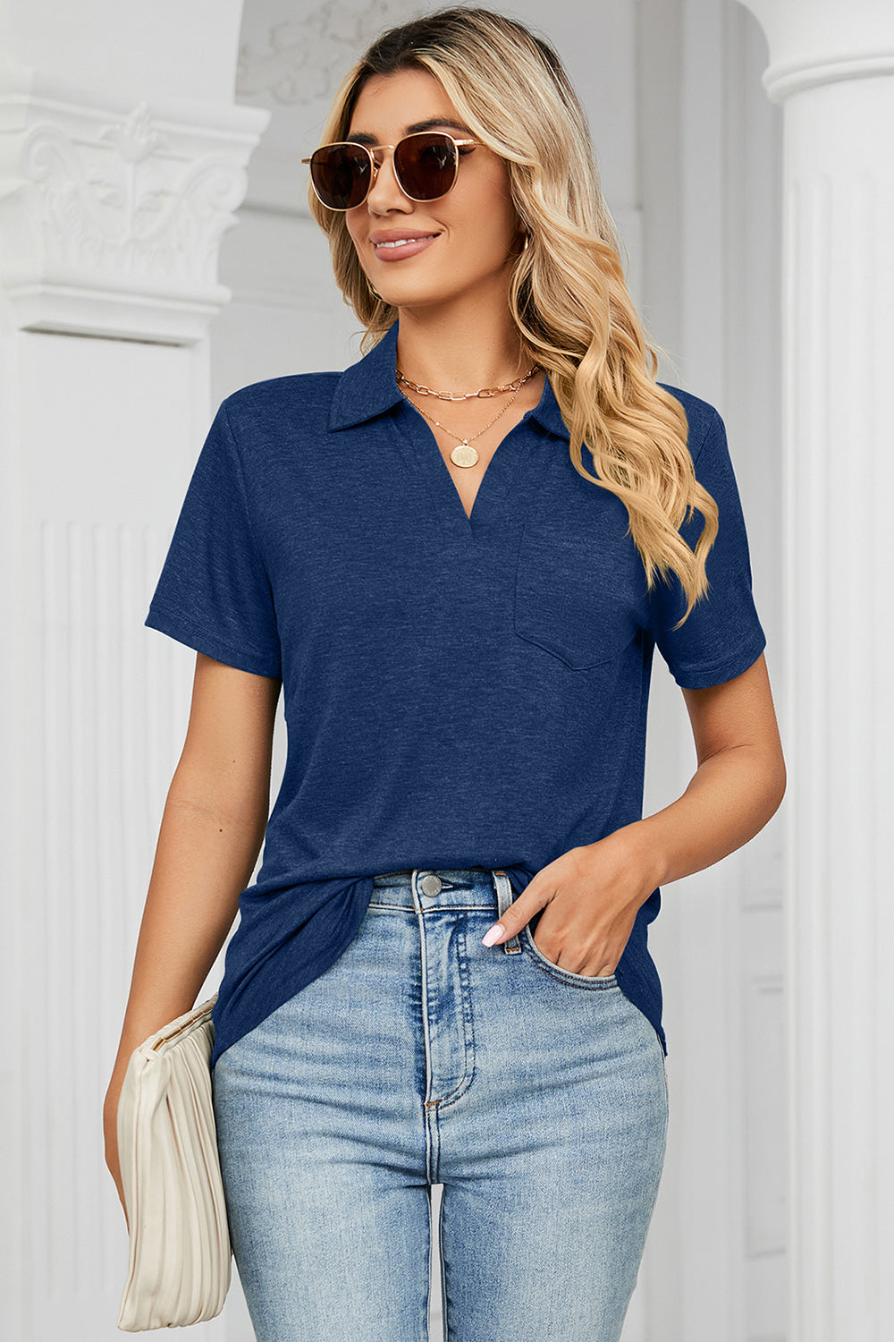 Dark Blue V-neck polo tee with short sleeves and a chest pocket.