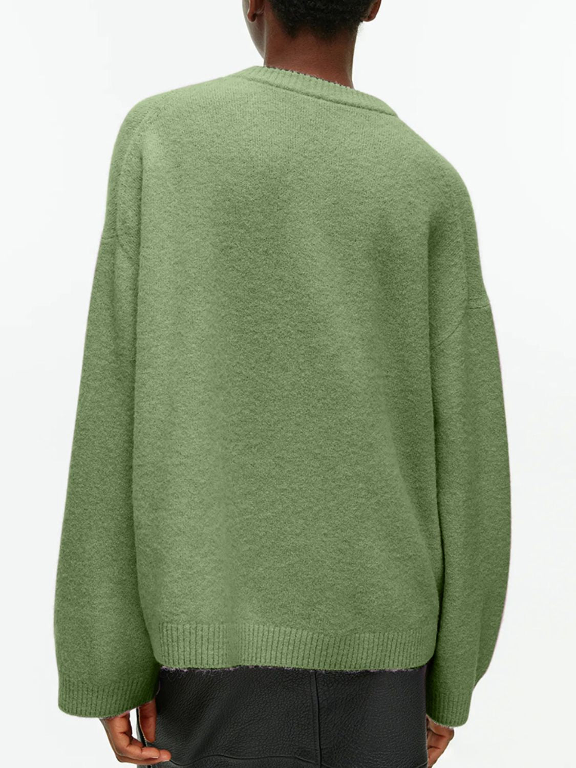 Oversized brushed knit crewneck sweater in Gum Leaf green with ribbed cuffs and hem.