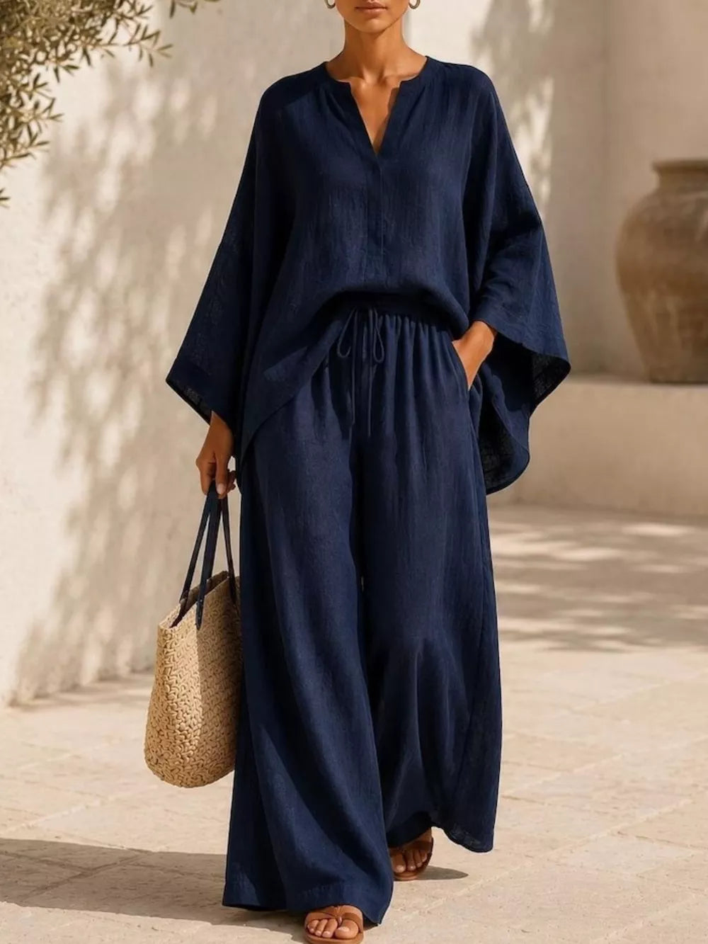 Notched Long Sleeve Top And Wide-leg Pants Set in White, alternate angle