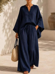 Notched Long Sleeve Top And Wide-leg Pants Set in White, alternate angle