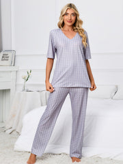 Geometric print lounge set in Cloudy Blue with V-neck top and long pants.