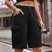 Black denim cargo shorts with multiple pockets and a relaxed fit.