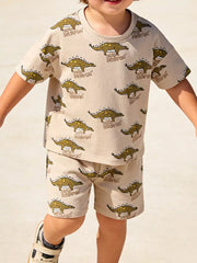 Toddler beige cotton dinosaur print t-shirt and shorts set