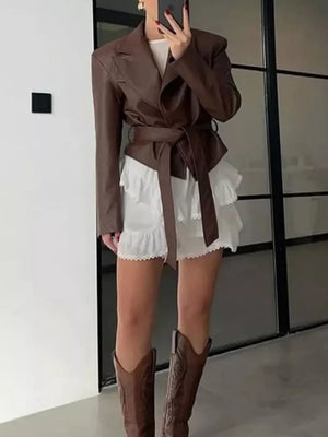 Belted Leather Jacket With Shawl Collar in Dark Brown, view 20