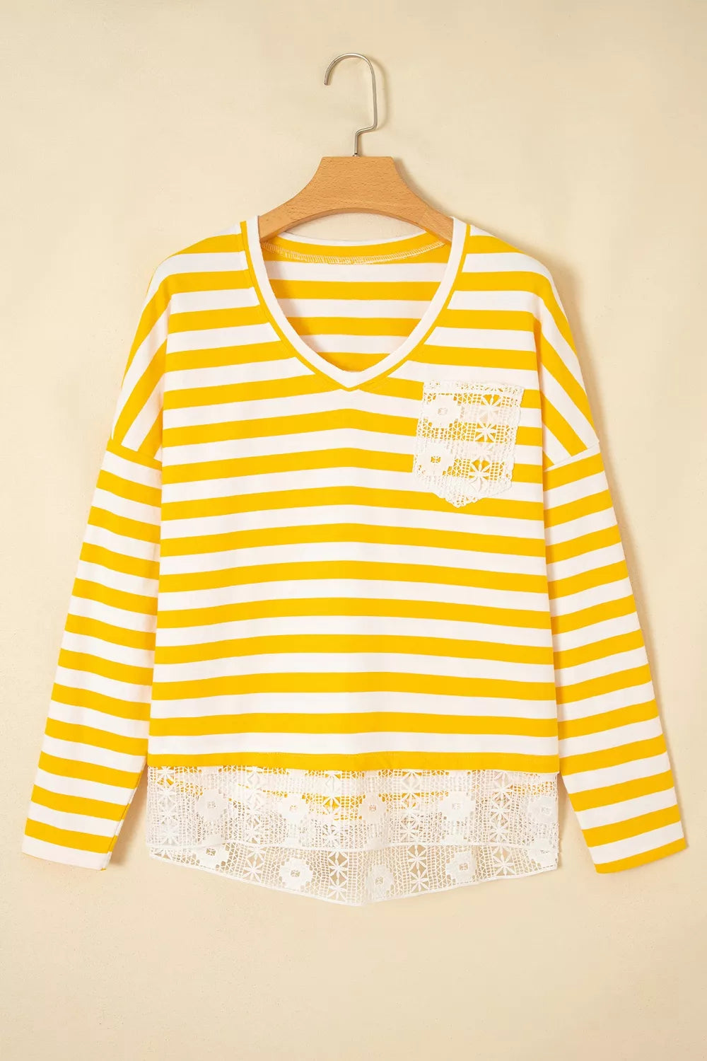 Striped Lace Patchwork V Neck Long Sleeve Shirt in Pastel Yellow, close-up detail