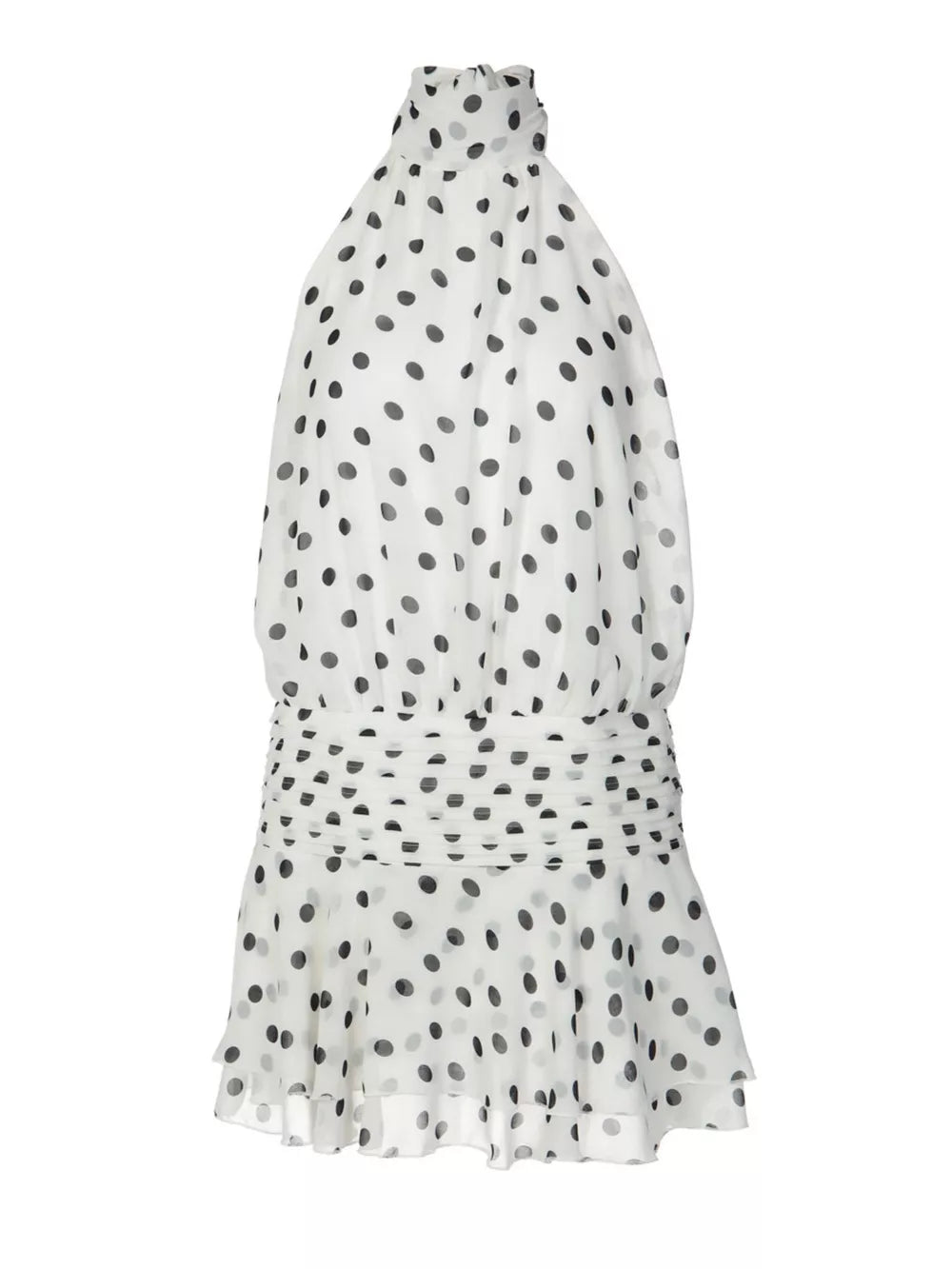 White polka dot halter neck mini dress with ruched waist and ruffled hem