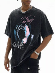 Dark gray oversized cotton t-shirt with Pink Floyd The Wall graphic print and crew neck.